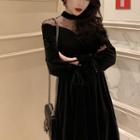 Long-sleeve Mesh Panel Mini A-line Velvet Dress Black - One Size