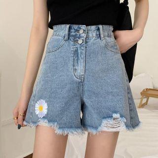 Frayed Flower Embroidered Denim Shorts