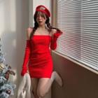 Set: Strappy Sheath Dress + Arm Sleeve Set Of 2 - Dress & Arm Sleeve - Red - One Size