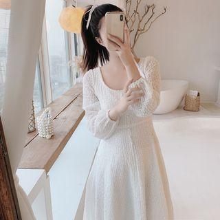 Faux Pearl Scoop-neck Long-sleeve A-line Midi Dress