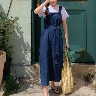 Tie-waist Midi A-line Denim Overall Dress