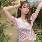 Short-sleeve Lace Trim Floral Blouse Pink - One Size