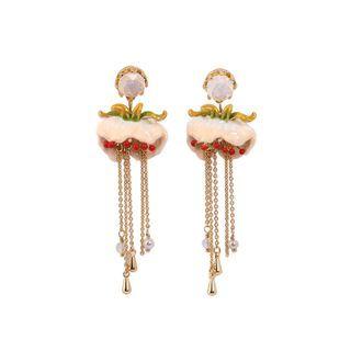 Fashion And Elegant Plated Gold Enamel Pink Flower Tassel Earrings With Cubic Zirconia Golden - One Size