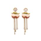 Fashion And Elegant Plated Gold Enamel Pink Flower Tassel Earrings With Cubic Zirconia Golden - One Size