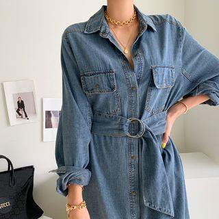Belted Denim Long Shirtdress Blue - One Size