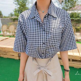 Elbow-sleeve Pocket-front Gingham Shirt