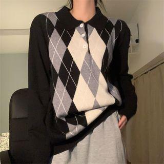 Argyle Polo Neck Sweater Black, Gray & Beige - One Size