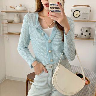 Round-neck Long-sleeve Cardigan Light Blue - One Size