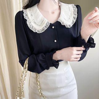 Lace-trim Collared Frill-cuff Blouse