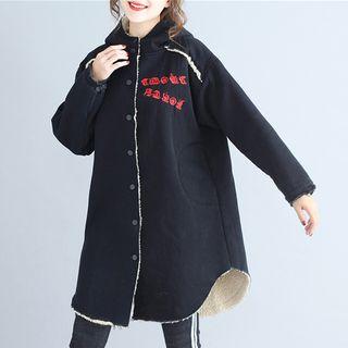 Embroidered Hooded Button Coat Black - One Size