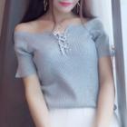 Lace-up Knitted Short-sleeve T-shirt