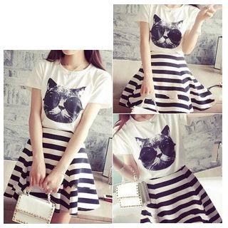 Set: Cat Print T-shirt + Striped A-line Skirt
