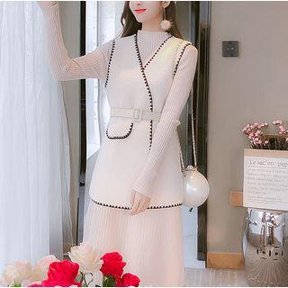 Set: Mock-neck Long-sleeve Knit Dress + Contrast Trim Vest