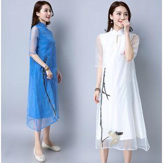 Embroidered Organza Overlay Mandarin Collar Dress