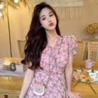 Short-sleeve Floral A-line Mini Dress Pink - One Size