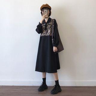 Printed Long-sleeve Midi Collared Dress As Shown In Figure - One Size