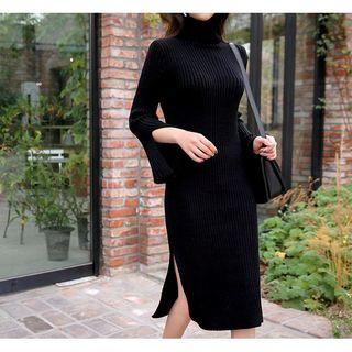 Turtle-neck Slit-detail Long Sweater Dress