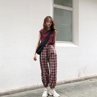 Set: Plain Tank Top + Plaid Jogger Pants