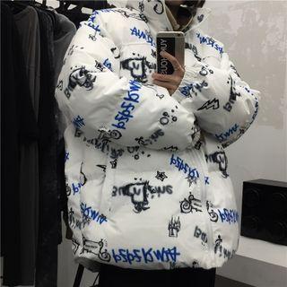 Stand Collar Lettering Print Padded Jacket