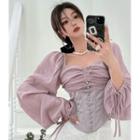 Lantern-sleeve Square-neck Slim-fit Blouse