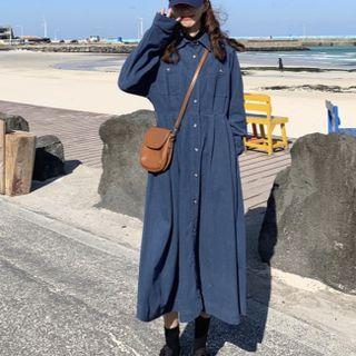 Long-sleeve Single Breasted Corduroy Dress Blue - One Size