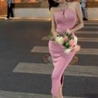Halter-neck Keyhole Midi Dress Purple - One Size