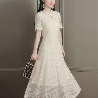 Short-sleeve Lace Qipao Midi Dress