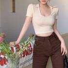 Short-sleeve Scoop Neck Plain Cropped Polo Top Almond - One Size