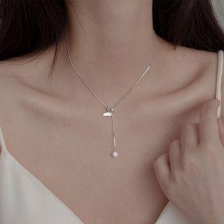 Butterfly Faux Pearl Pendant Sterling Silver Y Choker Silver - One Size