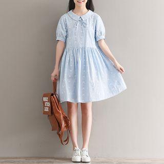 Short-sleeve Tie-neck Mini A-line Linen Dress