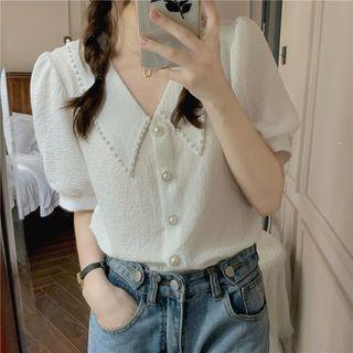 Puff-sleeve Lapel Plain Shirt
