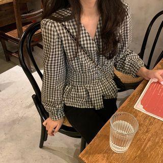 Long-sleeve Plaid V-neck Peplum Blouse Plaid - Black & White - One Size