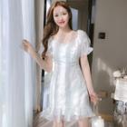 Puff-sleeve Printed Chiffon Dress