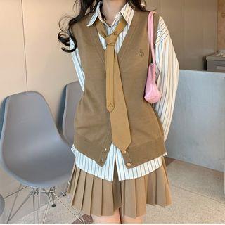 Striped Shirt / Neck-tie / Single-breasted Sweater Vest / Pleated Mini Skirt