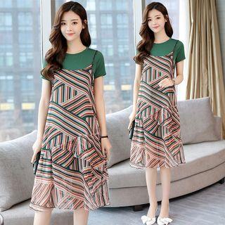 Set: Short-sleeve T-shirt + Spaghetti Strap Striped Dress