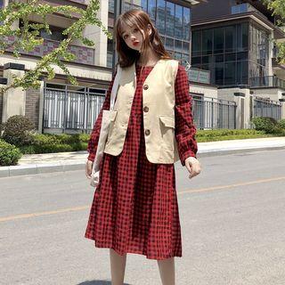 Single-breasted Vest / Plaid Long-sleeve A-line Midi Dress