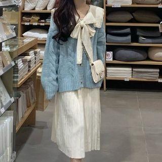 Long-sleeve Tie-neck Pleated Midi A-line Dress / Cardigan