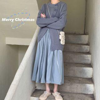Asymmetric Button Sweater / Plain Midi A-line Skirt