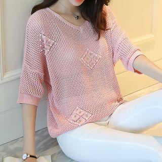 Bead Elbow-sleeve Open Knit Sweater