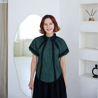 Bubble-sleeve Lace-trim Blouse