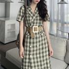 Plaid Double-breasted Short-sleeve Midi A-line Dress