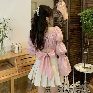 Sashed Blouse / Mini A-line Pleated Skirt