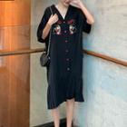 Short-sleeve Midi Embroidered Pleated Dress