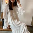 Lace Trim Long-sleeve Midi Dress White - One Size