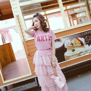 Set: Letter Short-sleeve Top + Tiered Skirt