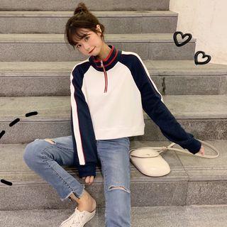 Color Block Stand-collar Long-sleeve Pullover