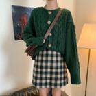 Cable Knit Loose-fit Cardigan / Plaid Skirt