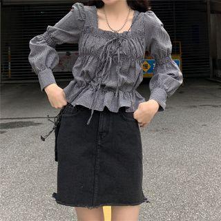 Lace-up Square-neck Blouse Plaid - Black - One Size
