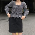 Lace-up Square-neck Blouse Plaid - Black - One Size