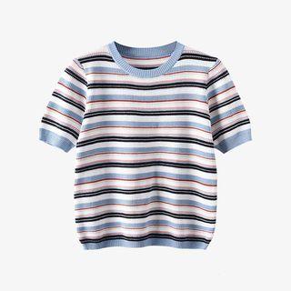 Short-sleeve Striped Knit Top Stripes - Ash Blue & White - One Size